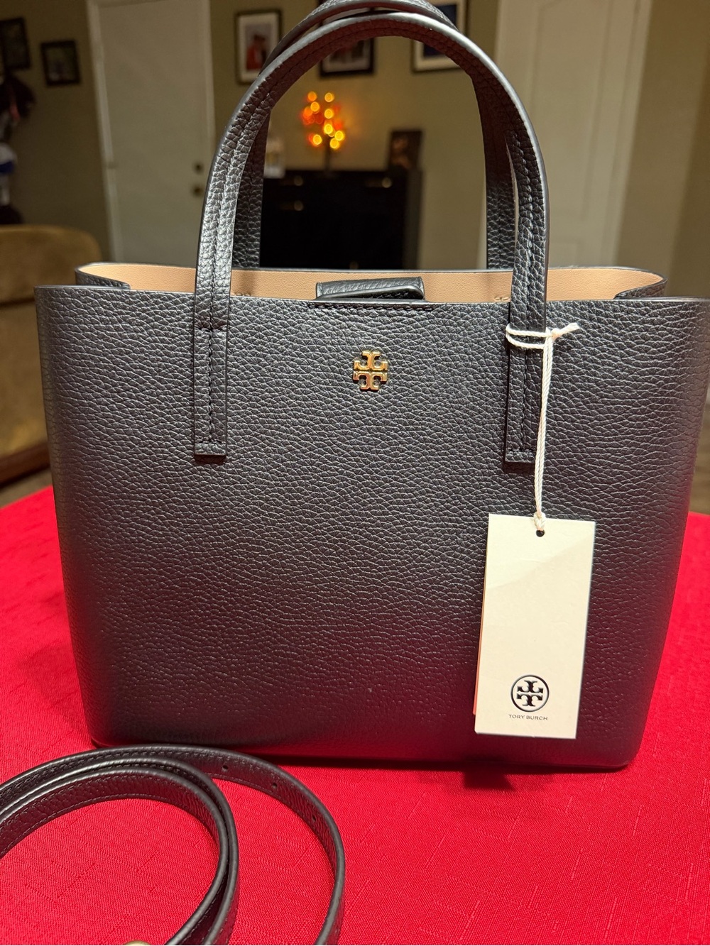 Tory Burch Black Pebbled Leather Mini Tote with Gold Logo and matching wallet Pb
